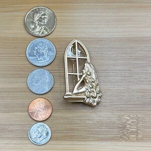 Gold Young Girl Window Moon and Star Brooch 2“ x 1“